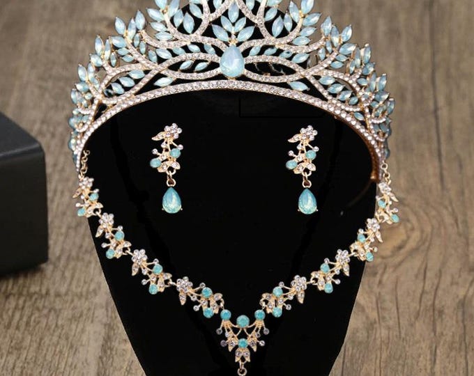 Opal Bridal Tiara Set - Light Green Quinceanera Crown with Matching Jewelry, Elegant Wedding Accessory for Brides & Sweet 16 Gifts Green