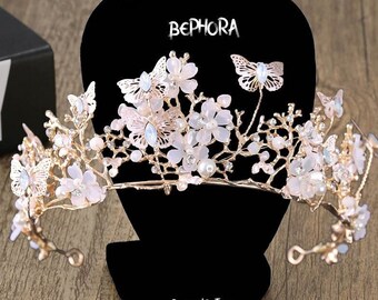 Handgjord guldbröllopskrona: Fjärilsblommig tiara