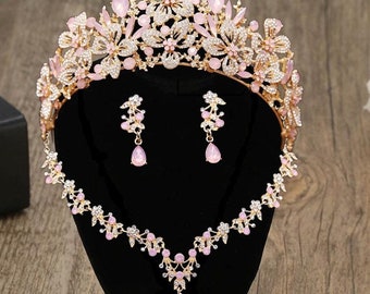 Light Pink Opal Bridal Crown: Crystal Wedding Jewelry Set