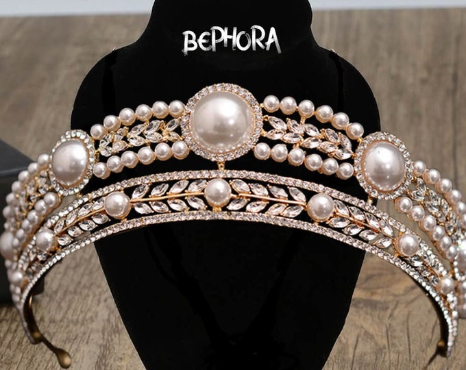 Tiara Crown - Golden Pearl and Crystal Bridal Headpiece, Elegant Gold Wedding Accessory, Perfect Gift for Brides