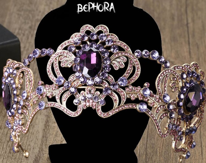 Baroque Gold Color Rhinestone Diadem Crown Headband -Crystal Bridal Tiaras Crown For Bride, Purple Flower Wedding Hair Accessories,tiara svg