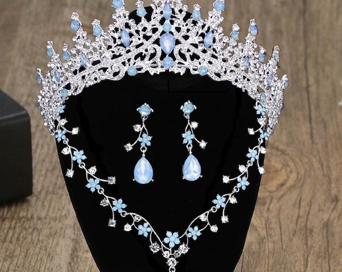 NEW Light Blue Opal Bridal Tiara - Quinceanera Crown, Blue Opal Jewelry Necklace Earrings, Baby Blue Quince Crown, Sweet 16, Wedding Set