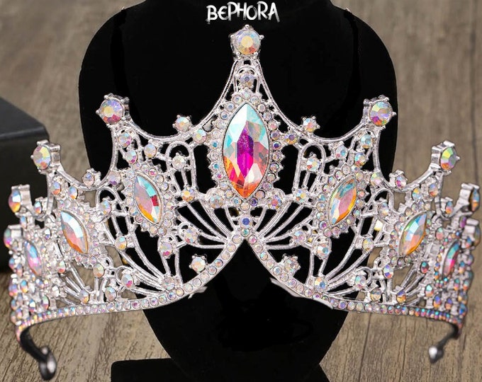 Gold Iridescent Quince Crown, AB Crystal Sweet 16 Tiara, Sparkling Bridal Accessory for Weddings Quinceanera Gift Perfect Bridal Shower Gift