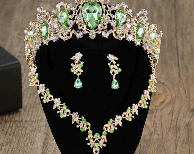 Quinceanera Crown, Bridal Jewelry Set, Prom, Wedding Earrings, V Shape Necklace, Green Light Jewelry, Green Earrings, Green Light Necklace
