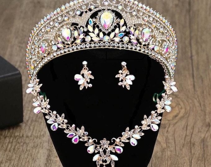 BePhora Iridescent AB Crystal Quinceanera Crown - Gold AB Crystal, Silver Quince Crown, Necklace, Earrings Wedding Headpiece Tiara Sweet 16