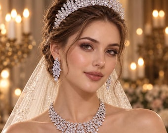 Crystal Bridal Tiara Necklace Earrings Set, Silver Royal Wedding Jewelry 38
