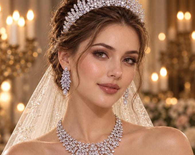 Crystal Bridal Tiara Necklace Earrings Set, Silver Royal Wedding Jewelry 38