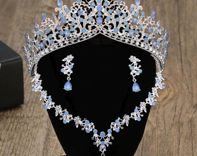 NEW Light Blue Opal Bridal Tiara - Quinceanera Crown, Blue Opal Jewelry Necklace Earrings, Baby Blue Quince Crown, Sweet 16, Wedding Set