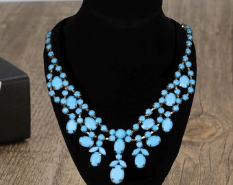 Handmade Blue Rhinestone Necklace Earrings Set: Bridal Wedding Jewelry