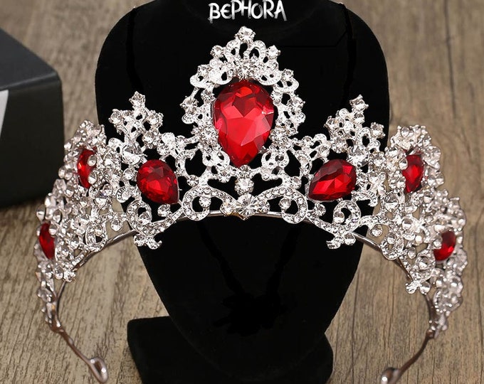 BEPHORA Handmade Baroque NEW Silver Red GreenLuxury Crystal Bride Rhinestone Bling Headdress Queen Tiara Crown Women Diadem Accessories