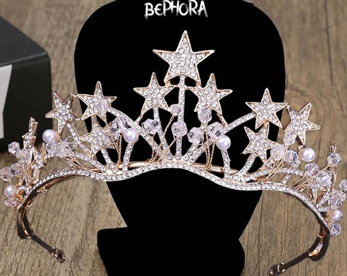Luxury Silver Crystal Star Pearls Bridal Tiaras Crown - Rhinestone Diadem Pageant Crowns Headband, Wedding Hair Accessories, Pearl Tiara