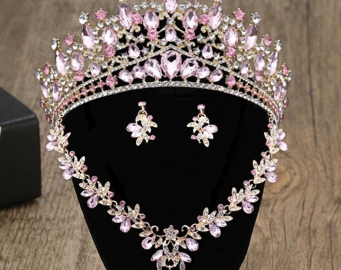Pink Baroque Crystal Quinceanera 15 Crown, Pink Gold Tiara, Necklace and Earrings, Bridal Jewelry Set, Wedding Headpiece Crown, Prom Jewelry