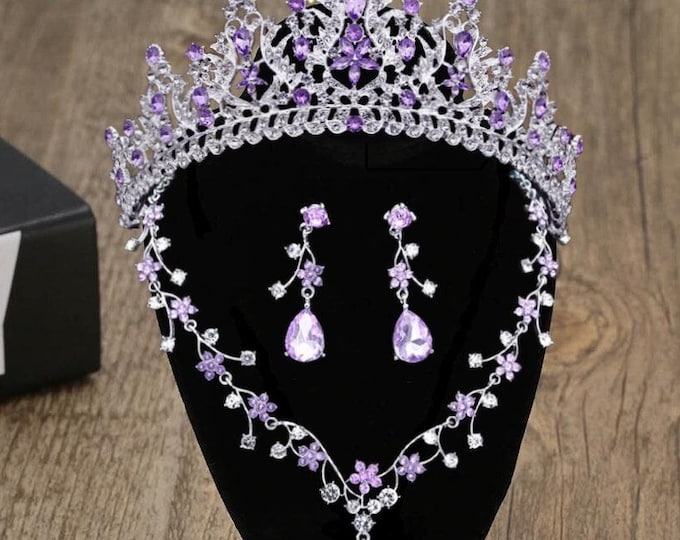 Stunning BEPHORA NEW Purple Quinceanera Crown and Jewelry - Necklace, Earrings, Stunning Purple - Ideal for Cosplay & Birthday Sweet 15