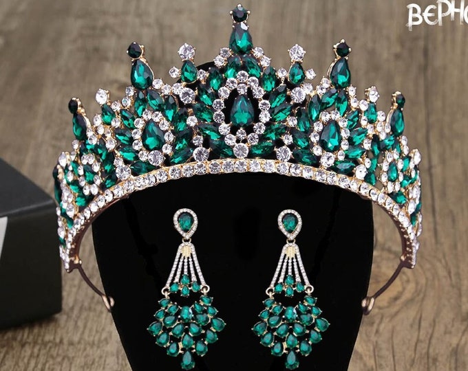 Diadem Wedding CZ Red Green Jewelry Set, Pageant Crown Earrings Set, Gorgeous Prom Hair Quinceanera Tiara Sweet 16, Bridal Accessories