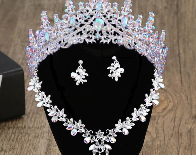 BePhora Iridescent AB Crystal Quinceanera Crown - Silver AB Crystal, Silver Quince Crown Necklace, Earrings Wedding Headpiece Tiara Sweet 16
