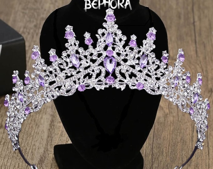 Silver Purple Handmade Princess Jewelry Large Circle Rhinestones Queen Pageant Crown Bridal Hair Jewelry Wedding Dress, Birthday Tiara Gift,