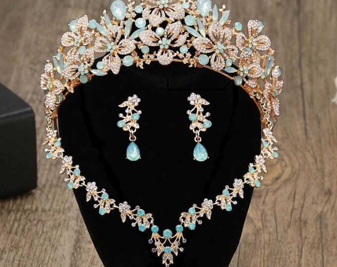 Opal Bridal Tiara Set - New Light Green Quinceanera Crown with Matching Jewelry, Elegant Wedding Accessory for Brides & Sweet 15 Gifts Green