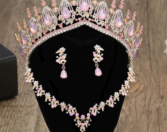 Light Pink Opal Bridal Tiara - Quinceanera Crown, Sweet 16 Crown, Baby Pink Quince Crown, Opal Jewelry Set Necklace Earrings, Wedding Set