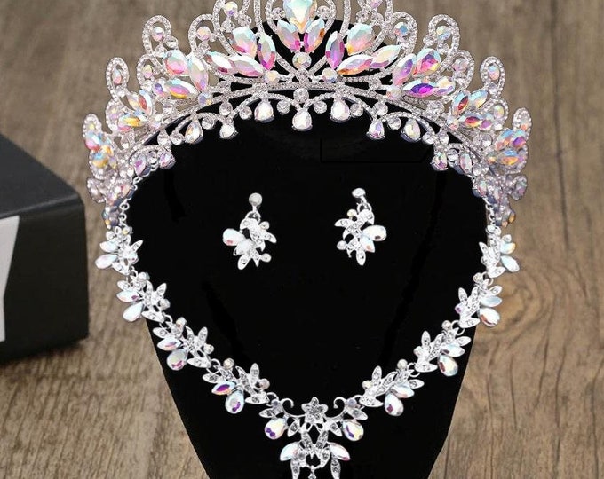 BePhora Iridescent AB Crystal Quinceanera Crown, Silver AB Crystal, Silver Quince Crown, Necklace, Earrings Wedding Headpiece Tiara Sweet 15