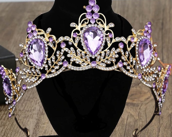 Retro Princess Diadem - Purple Color Crystal Tiaras Crowns Headband, Bride Noiva Wedding Party Hair Jewelry Headpieces, Purple Tiara Crown