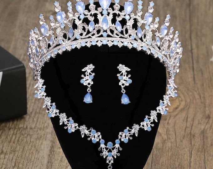 Light Blue Opal Pink Quinceañera Tiara and Crown with Necklace and Earrings