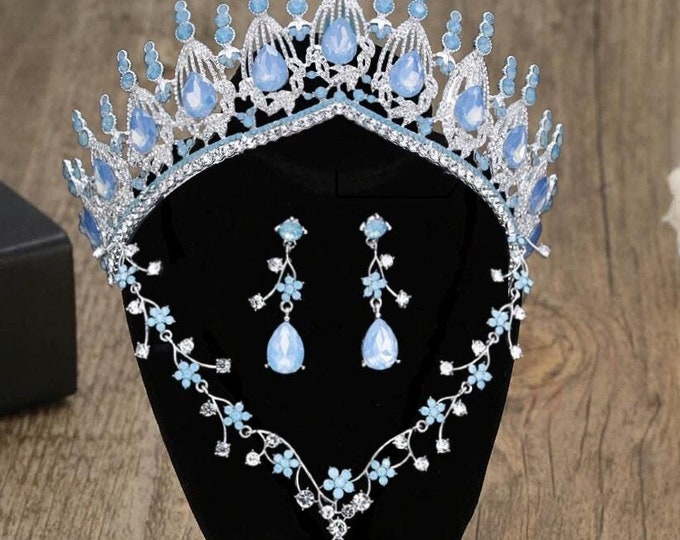 Light Blue Opal Bridal Tiara - Quinceanera Crown, Blue Opal Jewelry Necklace Earrings, Baby Blue Quince Crown, Sweet 15 Crown, Wedding Set