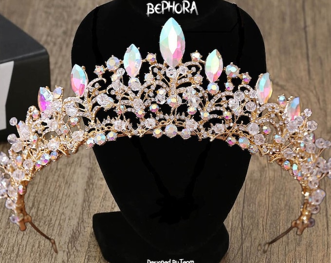 BEPHORA Iridescent Crystal Bridal Tiara- Quinceanera Crown, Gold Iridescent Quince Crown, AB Crystal Wedding Headpiece Tiara, Sweet 16 Tiara