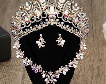 Iridescent Crystal Quinceanera Crown: Gold AB Wedding Headpiece with Necklace & Earrings