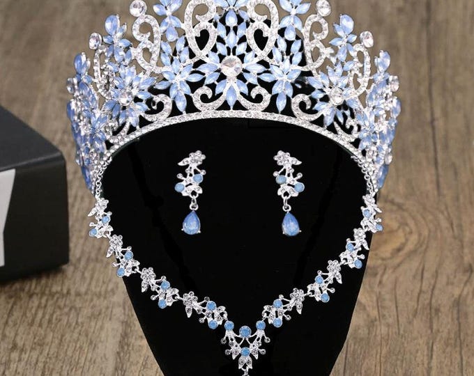 Light Blue Opal Quinceañera Tiara and Crown with Necklace and Earrings