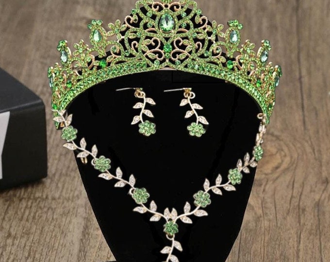 Quinceanera Crown, Bridal Jewelry Set, Prom, Wedding Earrings, V Shape Necklace, Green Light Jewelry, Green Earrings, Green Light Necklace