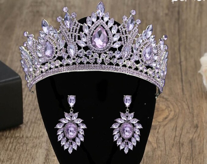 Silver Purple Bridal NEW Tiaras Set, Wedding Jewelry Set, Bridal Crown Earring Tiara, Women Wedding Tiara, Crystal Tiara, Bridal Accessories