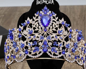 Handmade Royal Blue Crystal Queen Crown: Wedding Pageant Tiara
