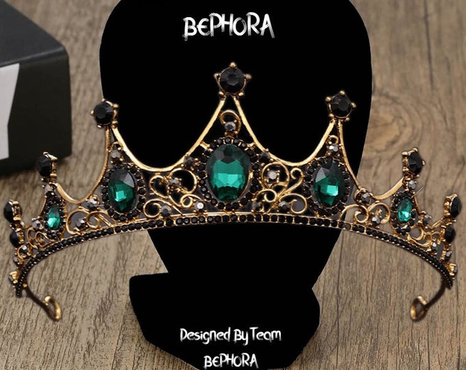 Gothic Princess Bridal Headpiece - Green Crown with Black Crystals, Perfect for Black Theme Weddings & Birthday Parties