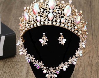 Iridescent Crystal Quinceanera Crown: Gold AB Wedding Jewelry Set