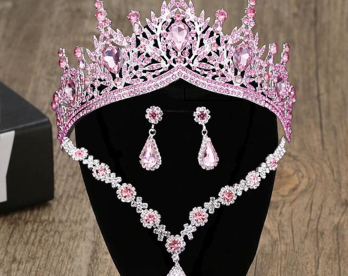 Pink Crystal Bridal Crown: Silver Tiara, Necklace & Earrings Set