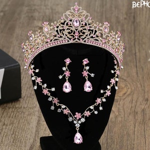 Pink Baroque Crystal Quinceanera Crown - Pink Gold Tiara, Necklace and Earrings, Bridal Jewelry Set, Wedding Headpiece Crown, Prom Jewelry