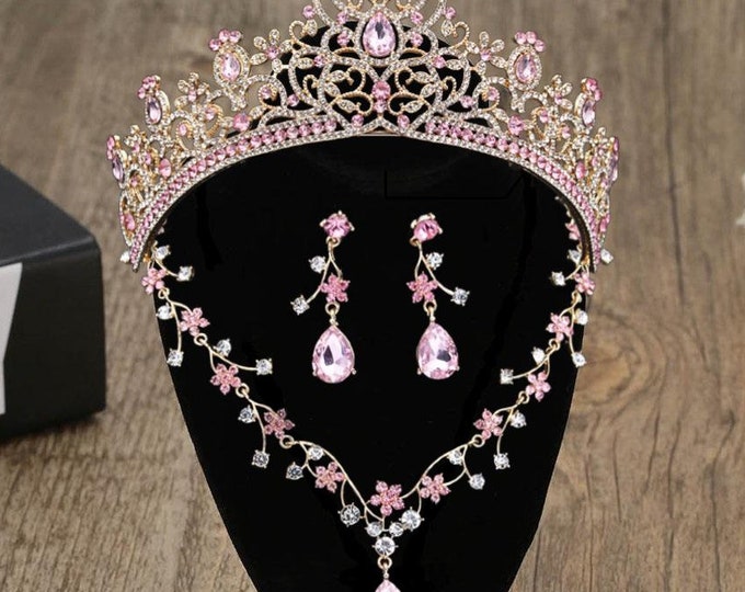 Pink Baroque Crystal Quinceanera Crown - Pink Gold Tiara, Necklace and Earrings, Bridal Jewelry Set, Wedding Headpiece Crown, Prom Jewelry