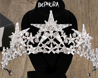 BEPHORA Handgjorda Stjärnor Strass Lyxiga Kungliga Drottning Tiaror och Kronor Kvinnor Festtåg Bal Diadem Ornament Bröllop Hårsmycken Accessoarer
