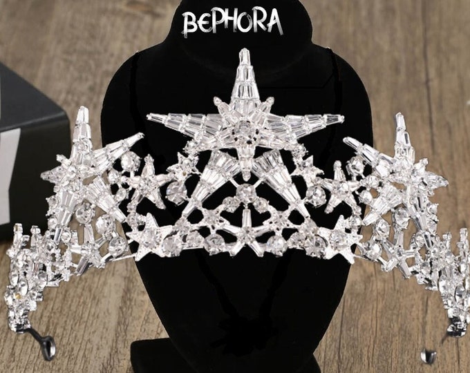 BEPHORA Handmade Star Rhinestone Luxury Royal Queen Tiaras and Crowns Women Pageant Prom Diadem Ornaments Wedding Hair Jewelry Accessories