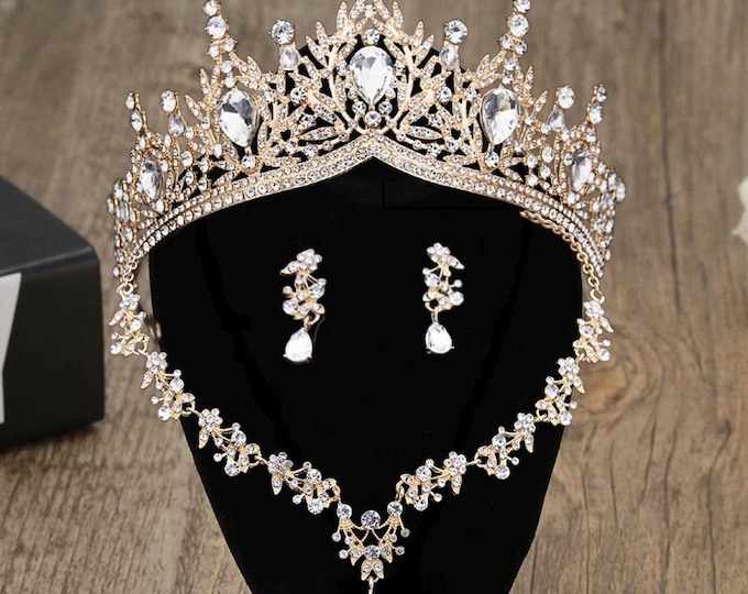 Gold Baroque Crystal Crown and Earrings: Bridal Headpiece Set