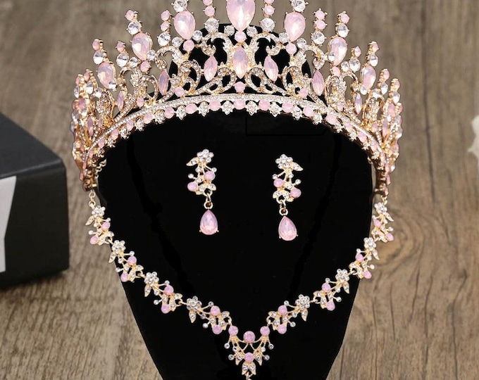 Light Pink Opal Blue Bridal Crown: Crystal Quinceanera Jewelry Set