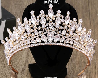 Handmade Baroque Crystal Queen Crown: Gold Wedding Tiara