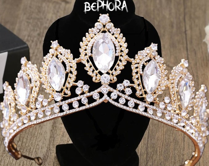Flower Gold Wedding Tiara, Gold Crystal Bridal Tiara, Gold Crystal Tiara, Bridal Crystal Tiaras, Wedding Tiara, Gold Tiaras, Hairpiece Gifts