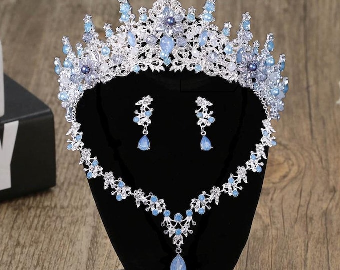 Light Blue Opal Quinceañera Tiara and Crown with Necklace and Earrings
