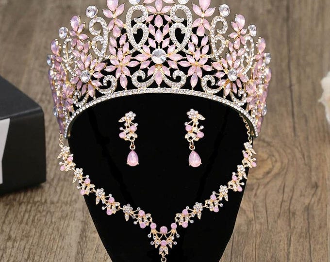 Light Pink Opal Bridal Crown: Crystal Quinceanera Jewelry Set