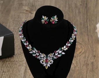 Handmade Rhinestone Bridal Jewelry Set: Multicolor Crystal Necklace Earrings