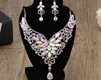 Handmade Rhinestone Bridal Jewelry Set: Gold AB Necklace Earrings