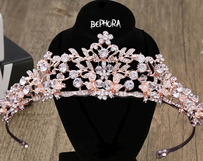 Regal Bridal Luxury Rose Gold Crystal Beads Pearl Butterfly Costume Jewelry Set, Floral Rhinestone Choker, and Tiara Wedding Jewelry Set