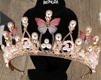 BEPHORA Handmade New Fashion Crystal Gold Blue Crystal Butterfly Queen Baroque Diadem Bride Rhinestone Tiara Crown Women Jewelry Accessories