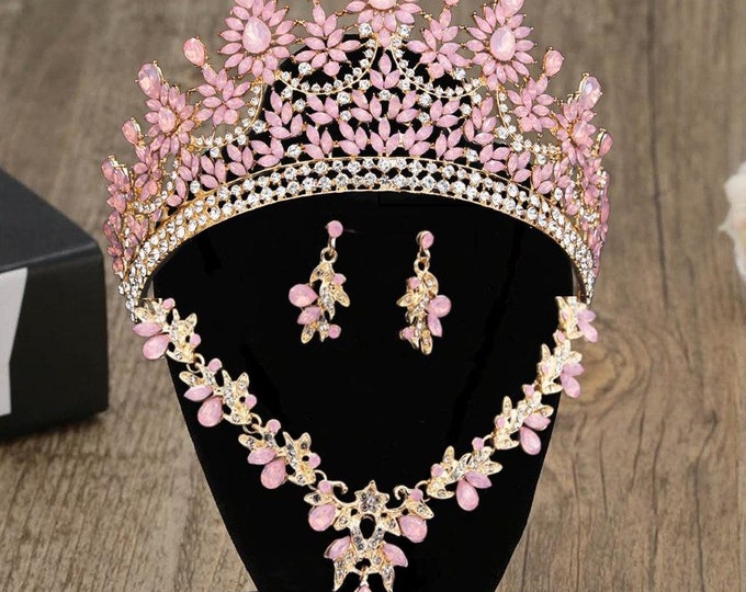 Light Pink Opal Bridal Tiara - Quinceanera 15 Crown, Sweet 15 Crown, Baby Pink Quince Crown, Opal Jewelry Set Necklace Earrings, Wedding Set